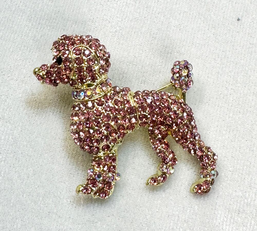 New Pink Rhinestone Poodle Brooch Pin Pendant Gold Dog Puppy Crystal 2"  CP199